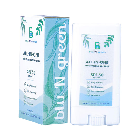 blu N green All-in-One Moisturizer SPF Stick | SPF 50+ PA++++| Water-Resistant | Dewy Finish