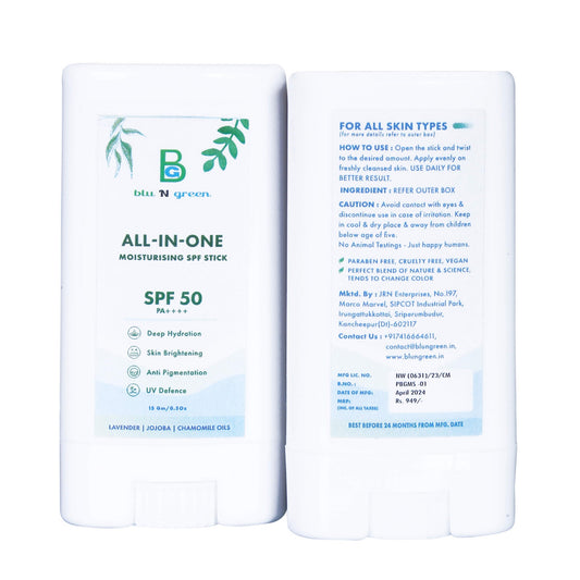 blu N green All-in-One Moisturizer SPF Stick | SPF 50+ PA++++| Water-Resistant | Dewy Finish