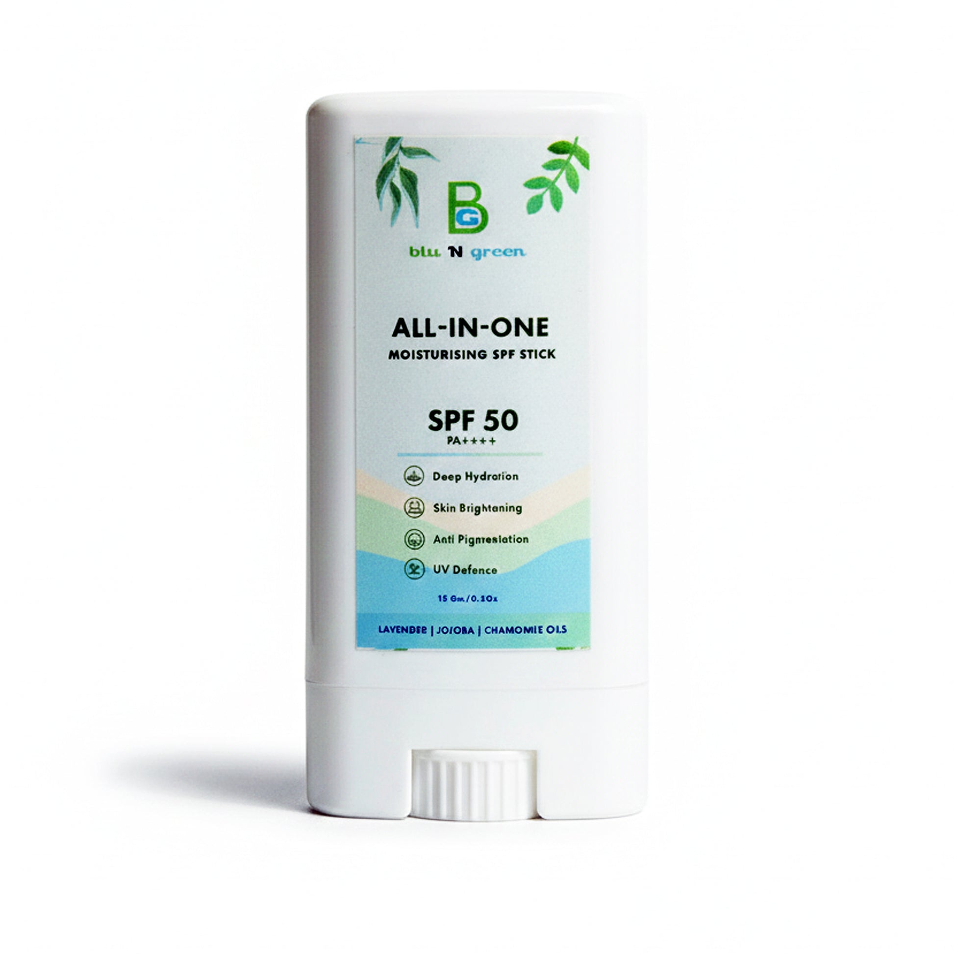 blu N green All-in-One Moisturizer SPF Stick | SPF 50+ PA++++| Water-Resistant | Dewy Finish