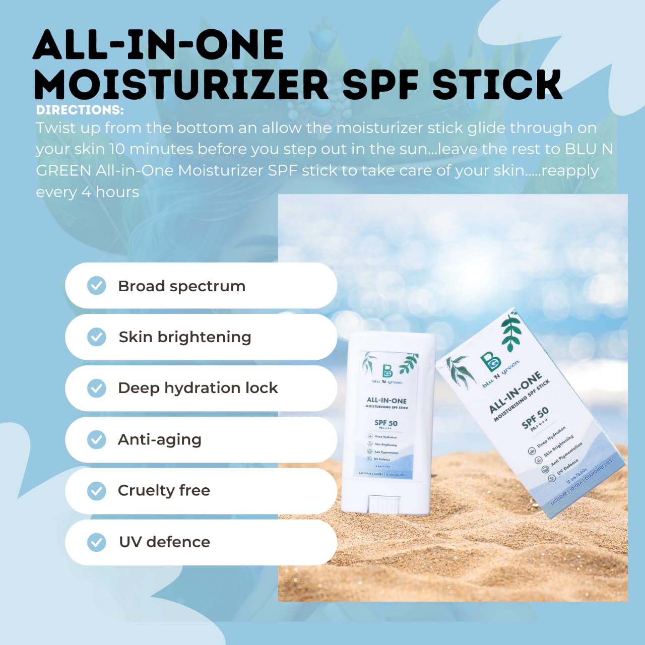 blu N green All-in-One Moisturizer SPF Stick | SPF 50+ PA++++| Water-Resistant | Dewy Finish